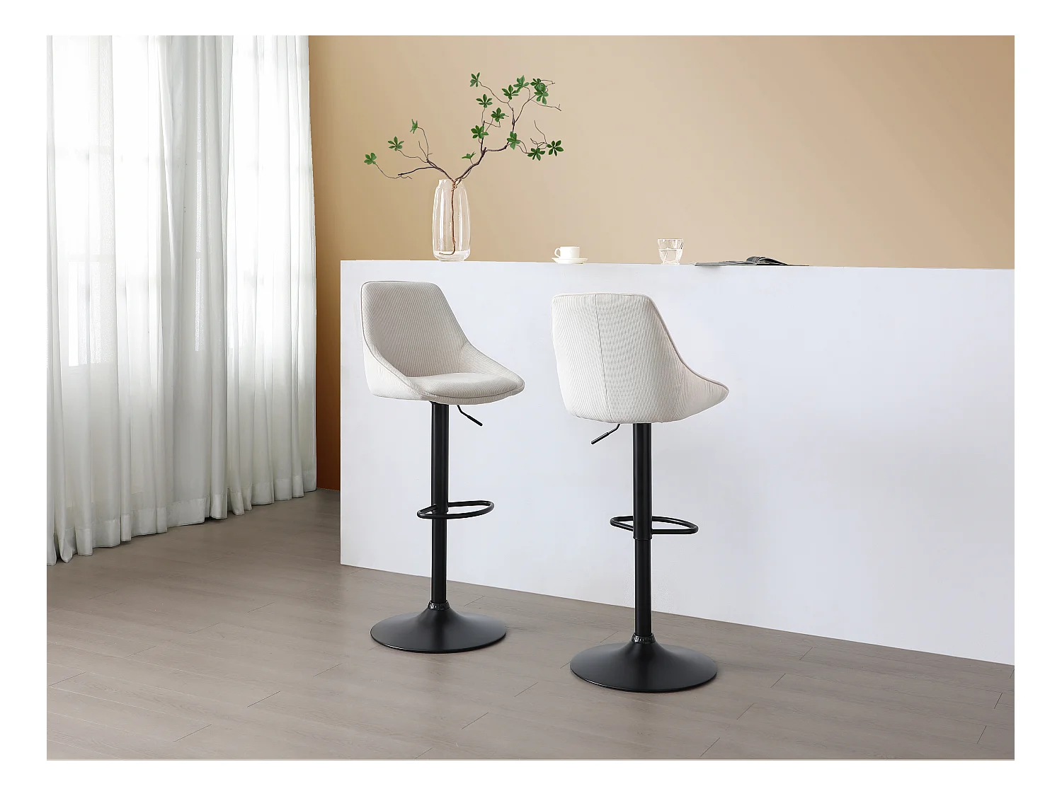 Barhocker 2er-Set höhenverstellbar - Cord & schwarzes Metall - Cremefarben - MASURIE