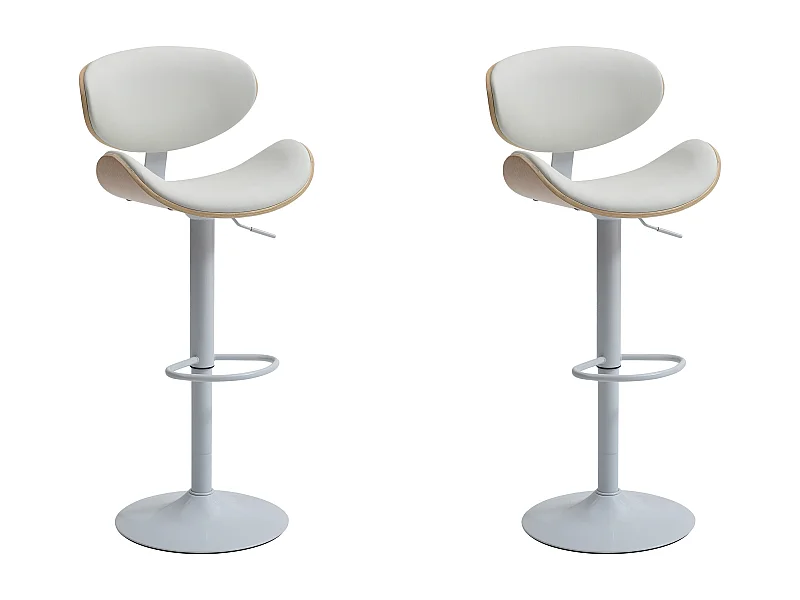 Lot de 2 tabourets de bar en simili, placage chêne et métal - Hauteur réglable - Naturel clair et Blanc - MONTENEGRO