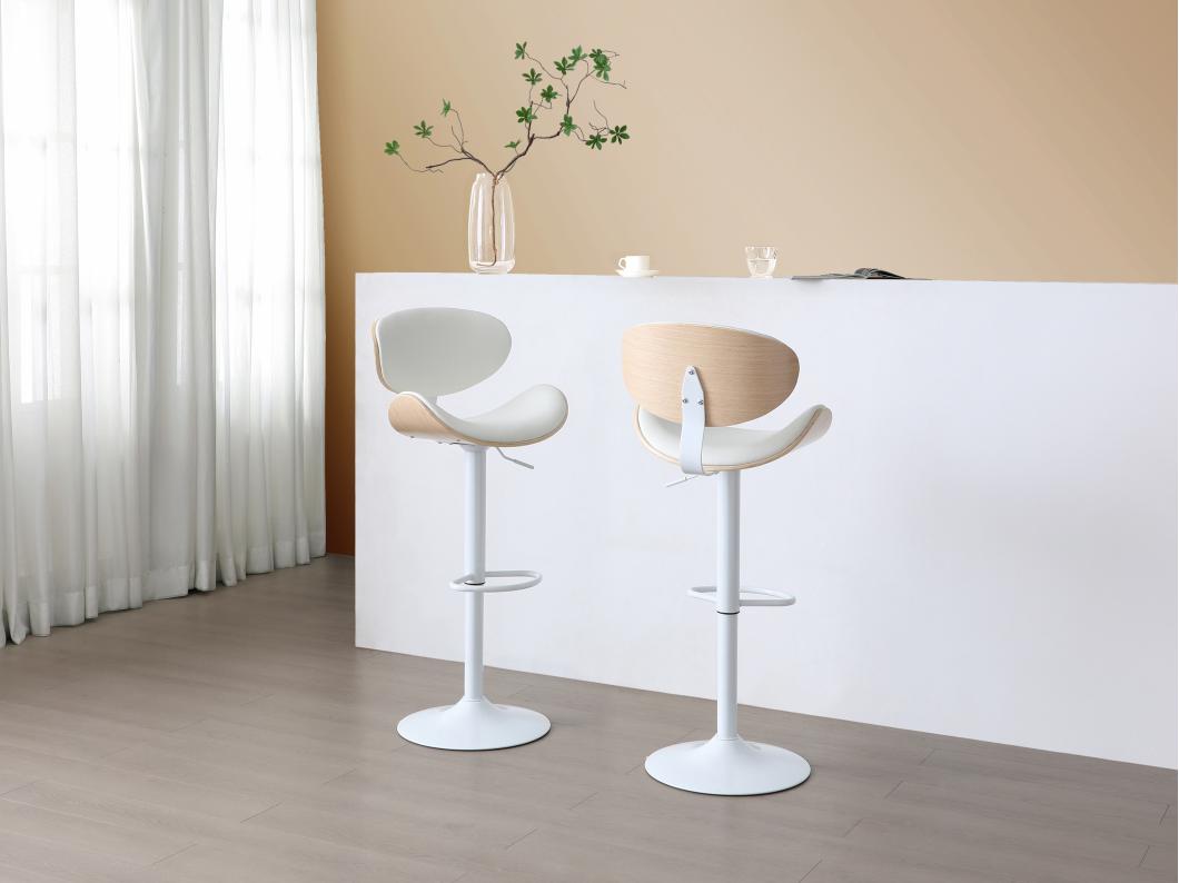 Lot de 2 tabourets de bar en simili, placage chêne et métal - Hauteur réglable - Naturel clair et Blanc - MONTENEGRO