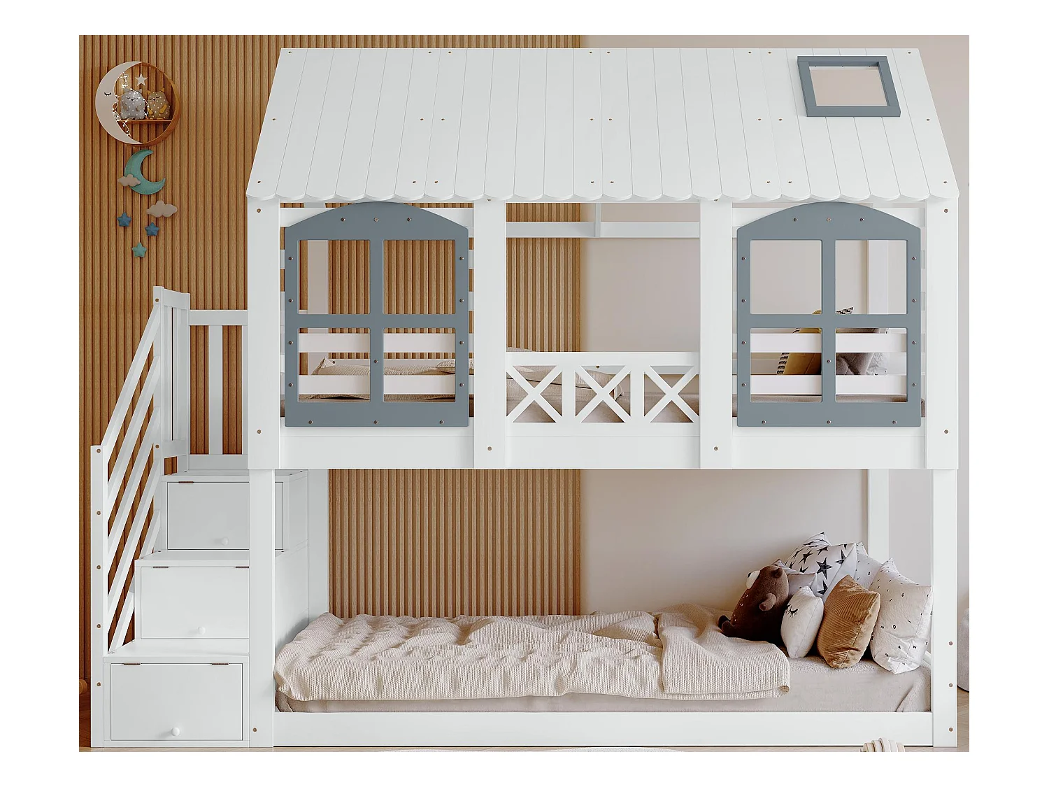 Lit superposé 90x200cm en bois - avec escalier de rangement - Blanc