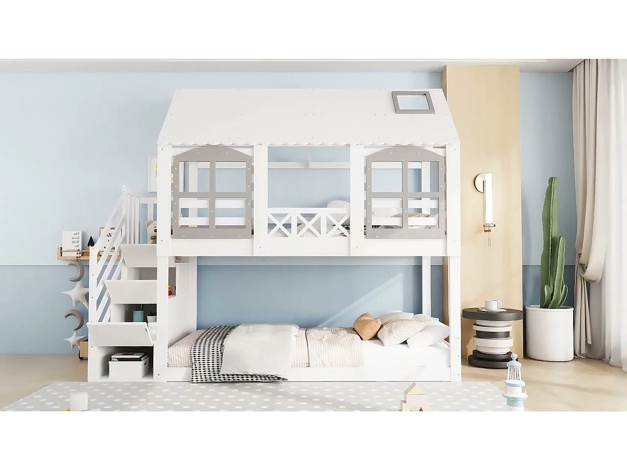 Lit superposé 90x200cm en bois - avec escalier de rangement - Blanc