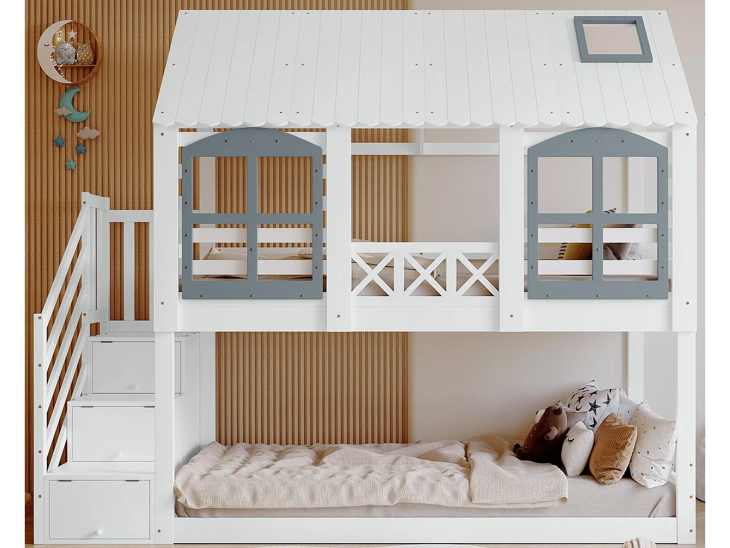 Łóżko piętrowe 90x200cm z drewna - z schodami do przechowywania - Białe