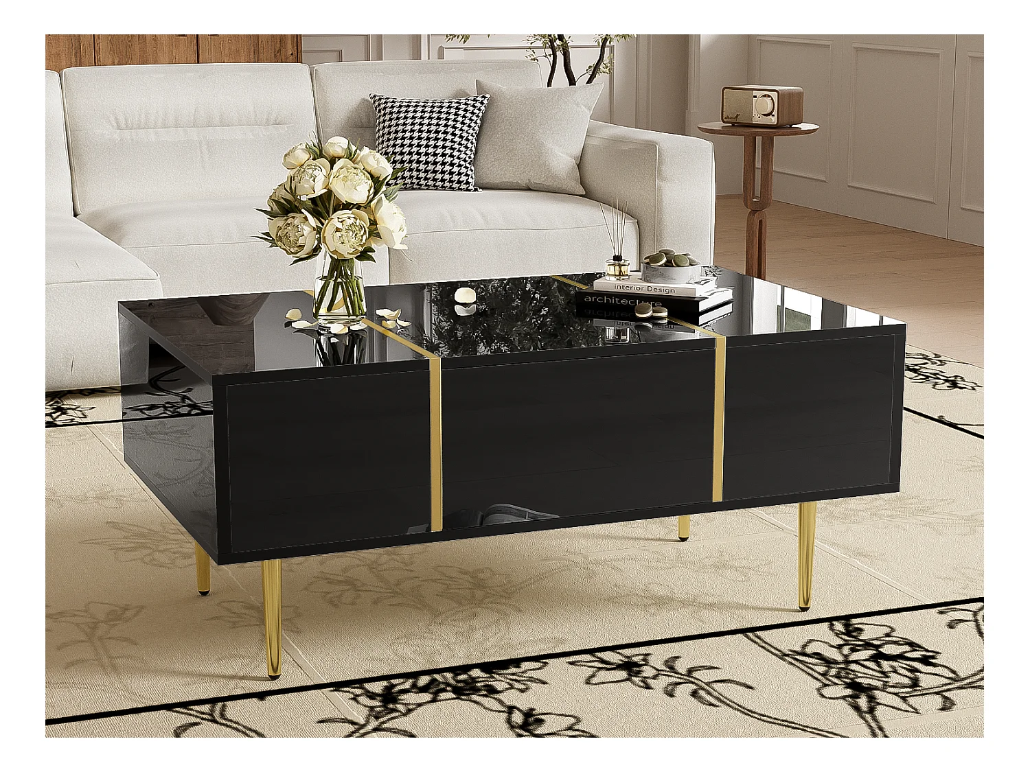 Table basse moderne - 2 tiroirs - MDF - Noir