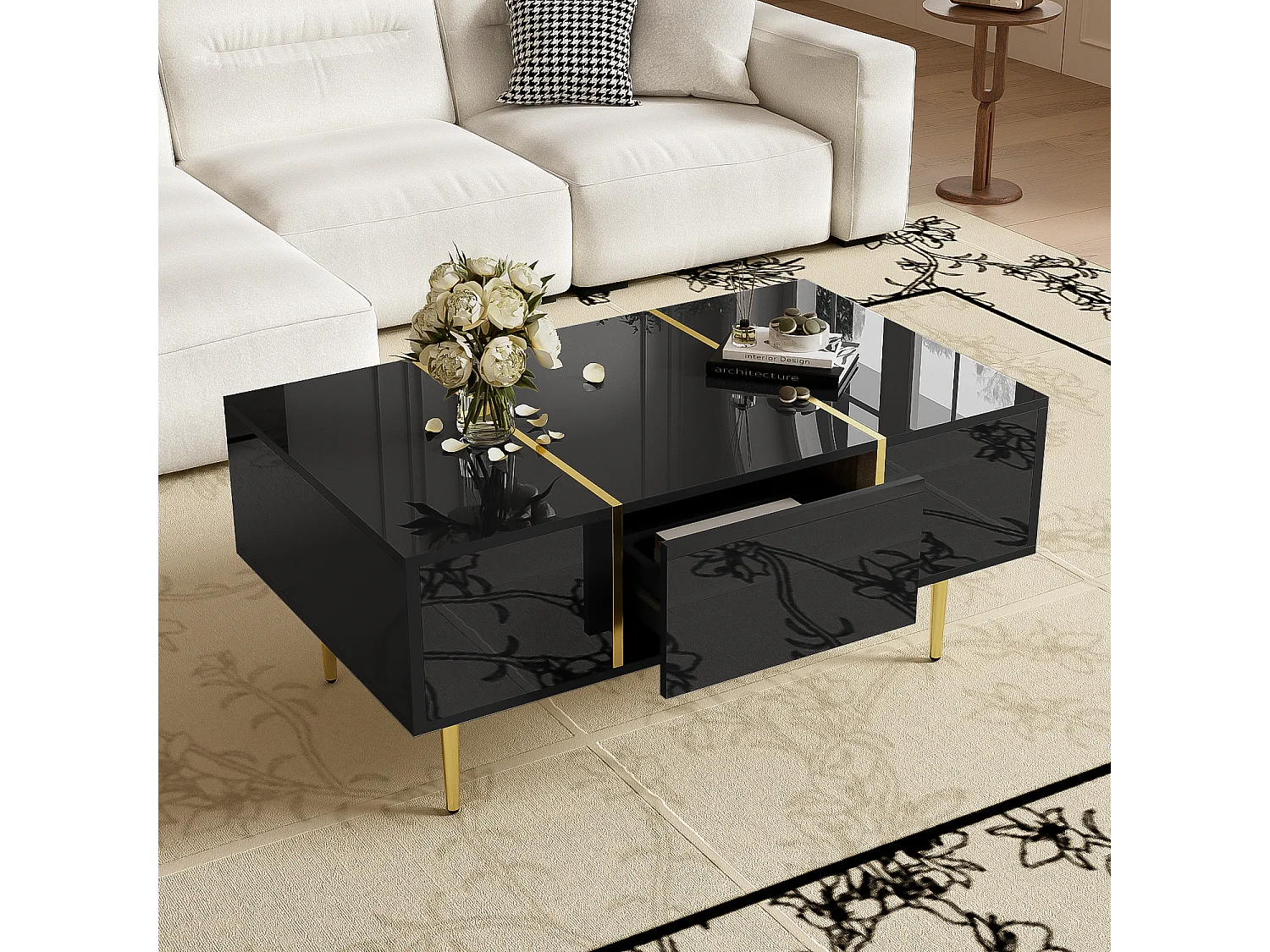 Table basse moderne - 2 tiroirs - MDF - Noir