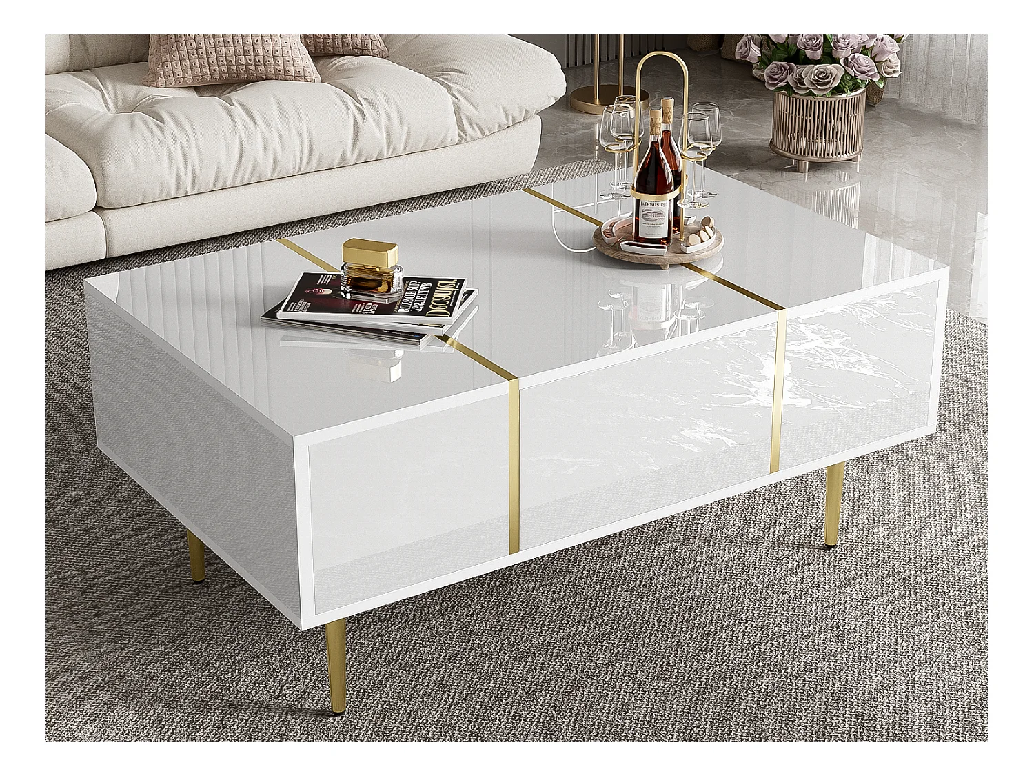 Table basse moderne - 2 tiroirs - MDF - Blanc