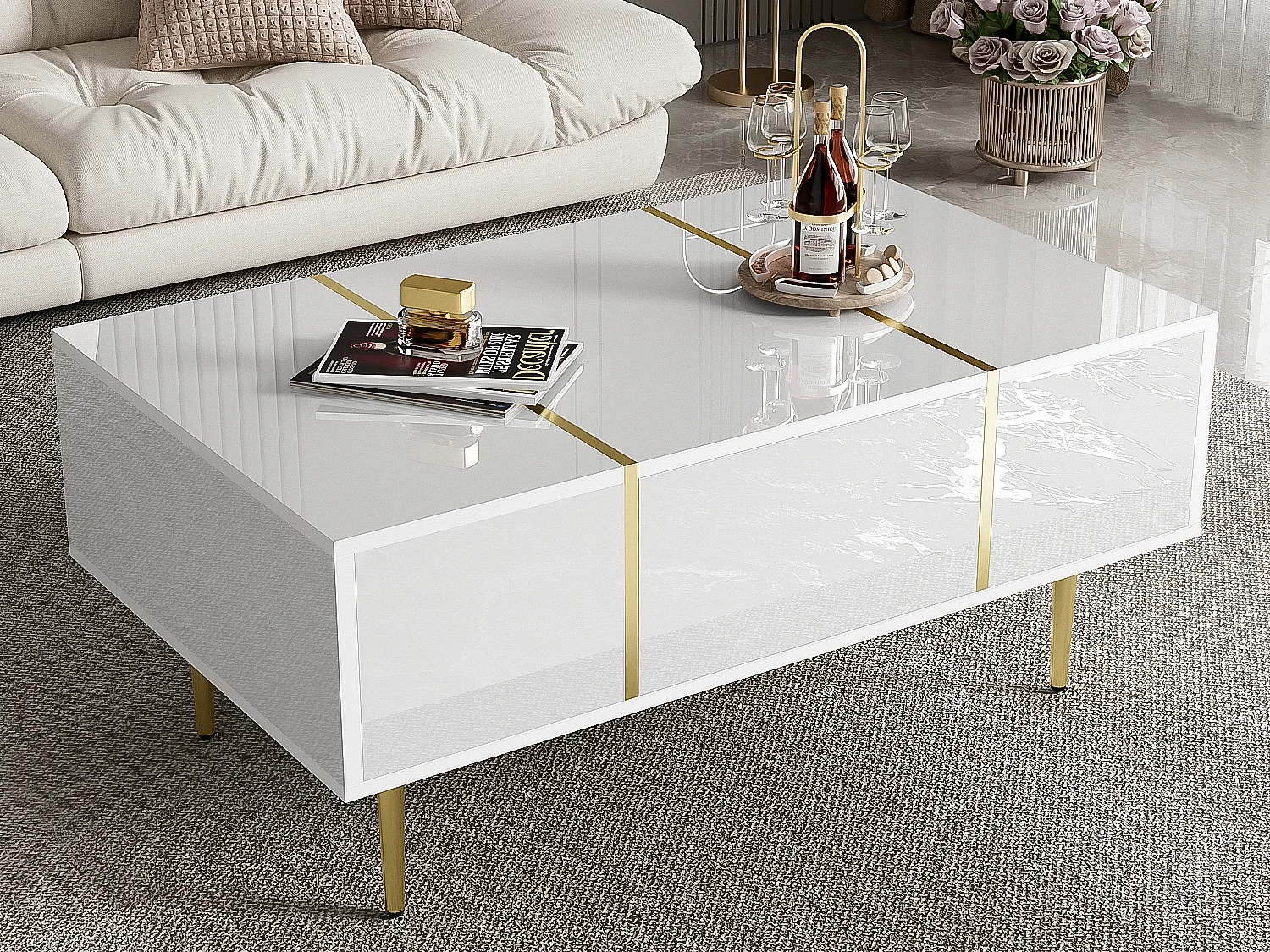 Table basse moderne - 2 tiroirs - MDF - Blanc