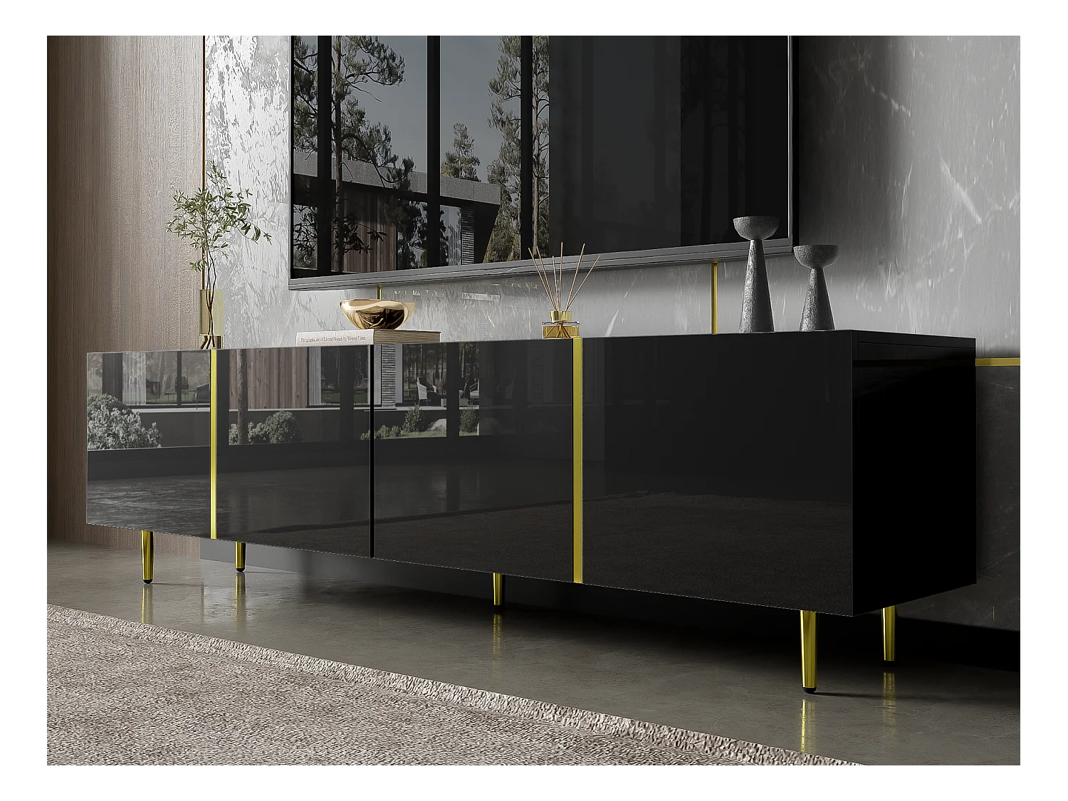 Meuble TV L 170cm - avec 4 portes - MDF - Noir