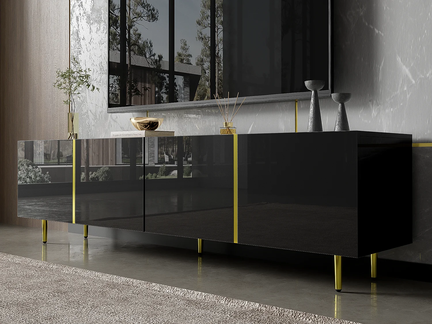 Mueble TV L 170 cm - con 4 puertas - MDF - Negro