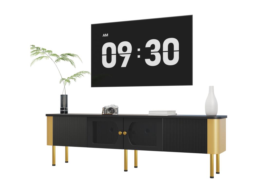 TV-meubel L 170cm - 2 laden en 2 deuren - gouden handgrepen en poten - Zwart