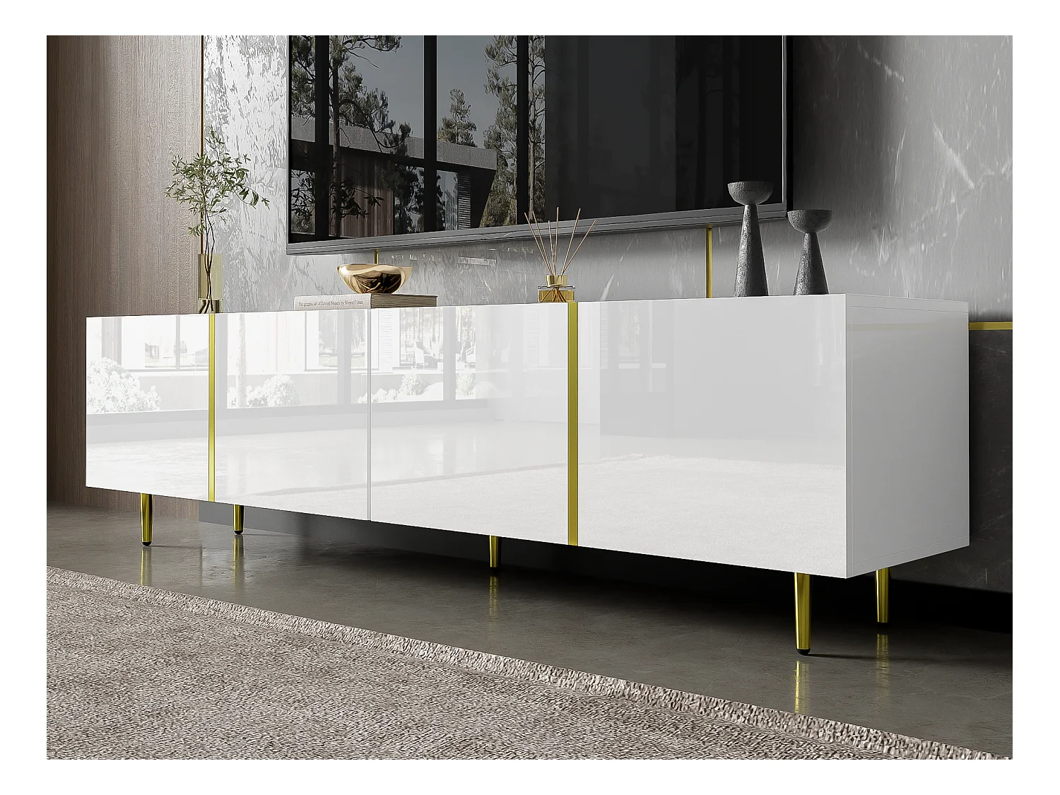 Meuble TV L 170cm - avec 4 portes - MDF - Blanc