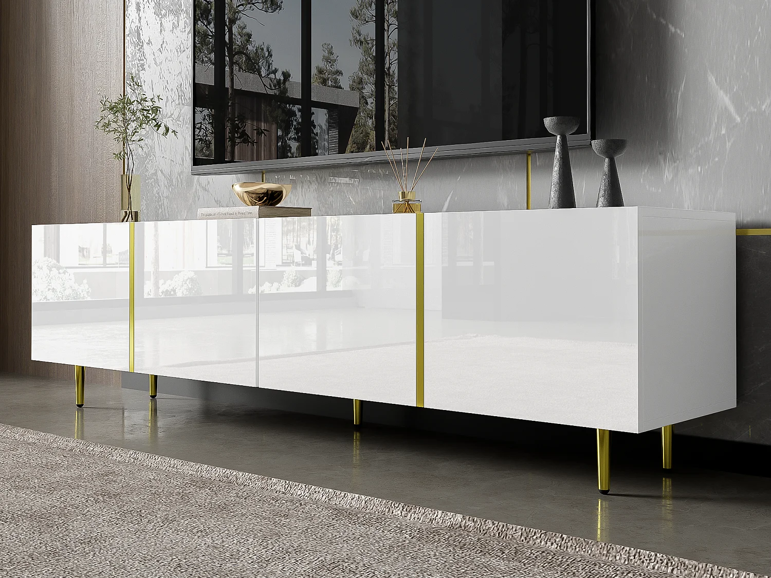 Mobile TV L 170 cm - con 4 ante - MDF - Bianco