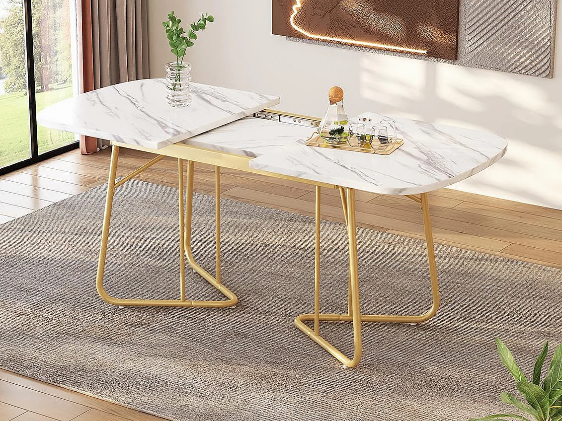 Mesa de jantar extensível para 4 a 6 pessoas em MDF e metal - tampo efeito mármore - Branco & Dourado