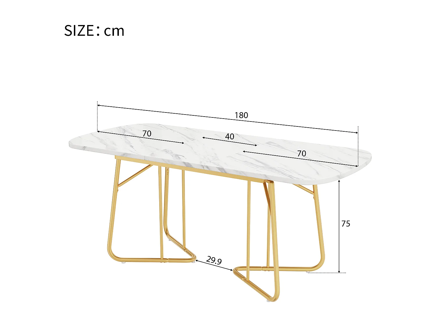 Mesa de jantar extensível para 4 a 6 pessoas em MDF e metal - tampo efeito mármore - Branco & Dourado