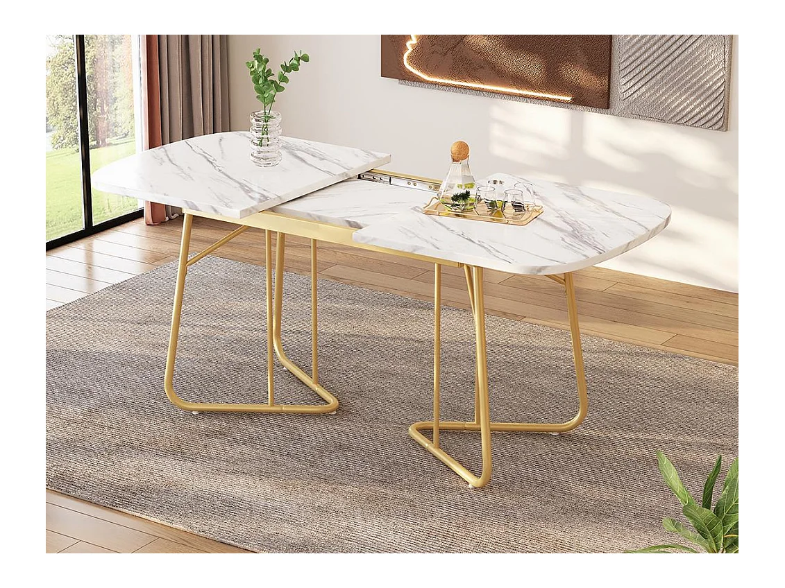 Uitschuifbare eettafel voor 4 tot 6 personen in MDF en metaal - blad met marmereffect - Wit en Goud