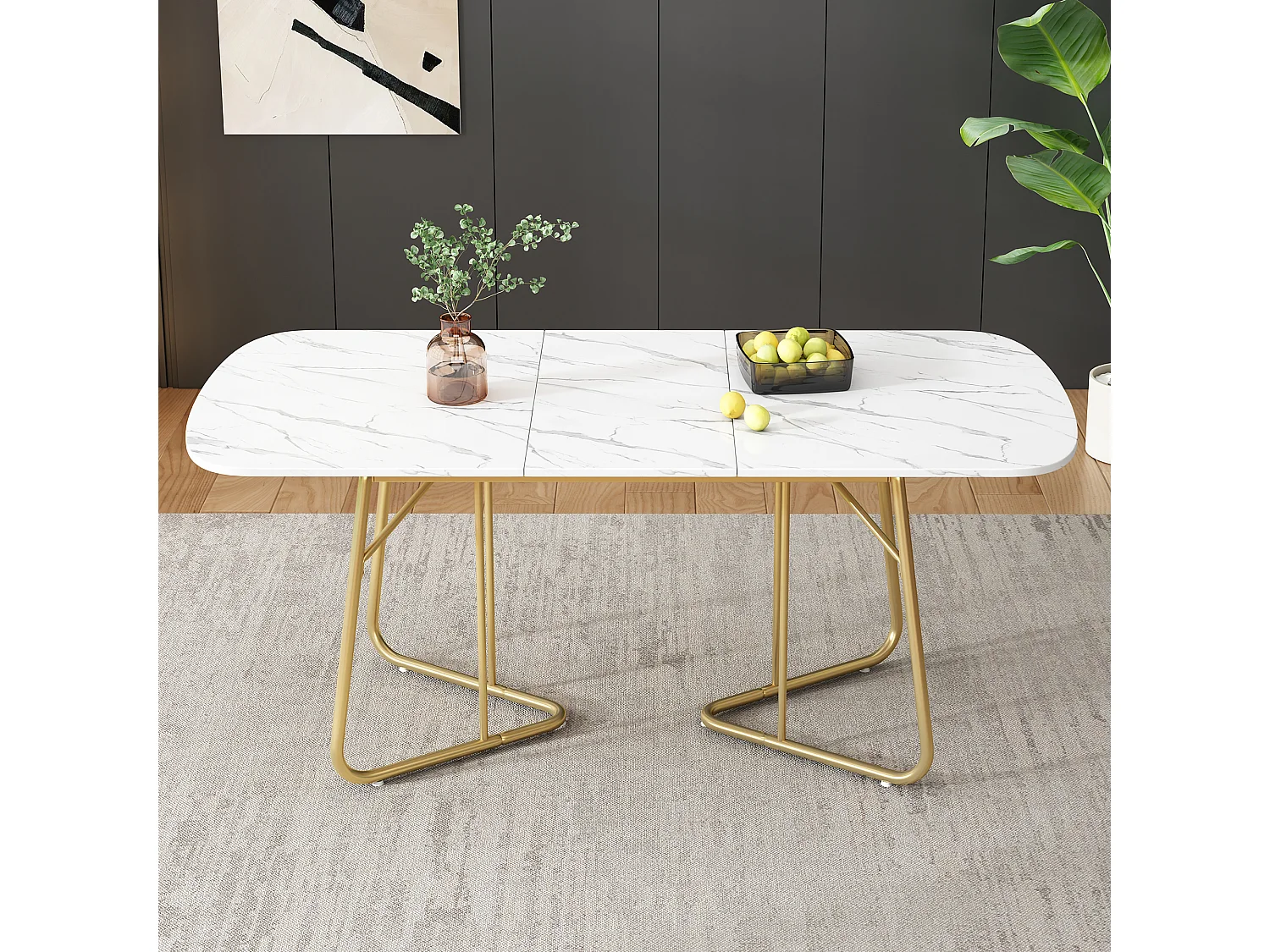 Table à manger extensible 4 à 6 personnes en MDF et métal - plateau effet marble - Blanc & Doré