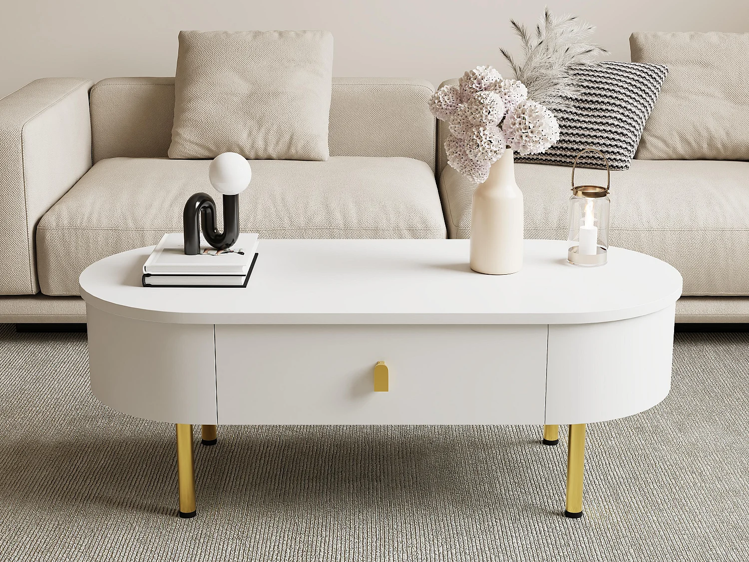 Moderne salontafel - 2 laden met gouden handgrepen en poten - MDF - Wit