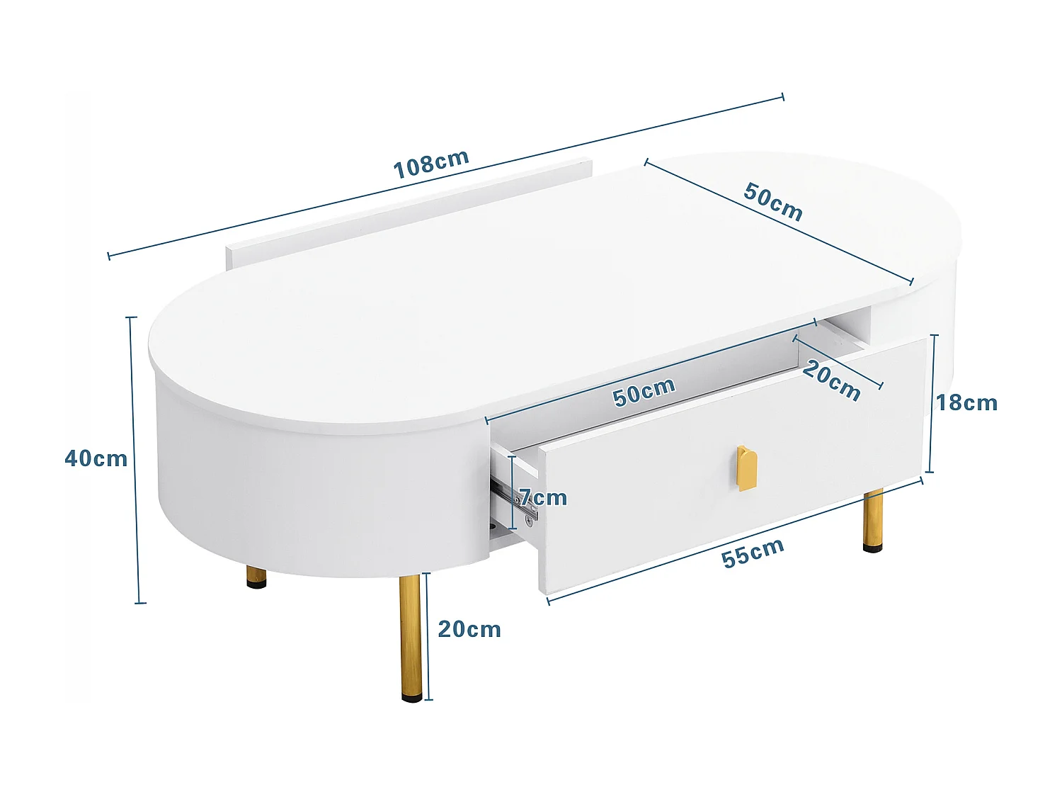 Moderne salontafel - 2 laden met gouden handgrepen en poten - MDF - Wit