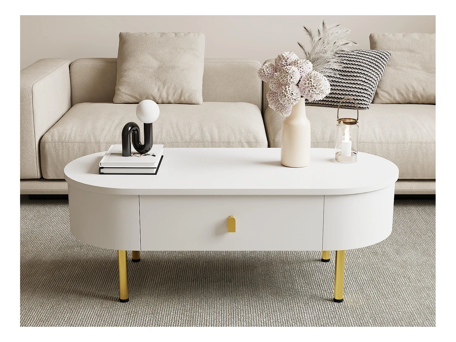 Moderner Couchtisch – 2 Schubladen mit goldenen Griffen und Beinen – MDF – Weiß
