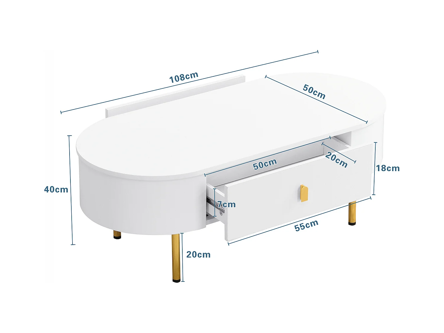 Moderne salontafel - 2 laden met gouden handgrepen en poten - MDF - Wit
