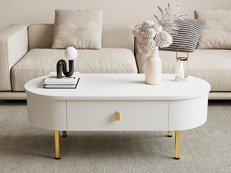 Moderne salontafel - 2 laden met gouden handgrepen en poten - MDF - Wit