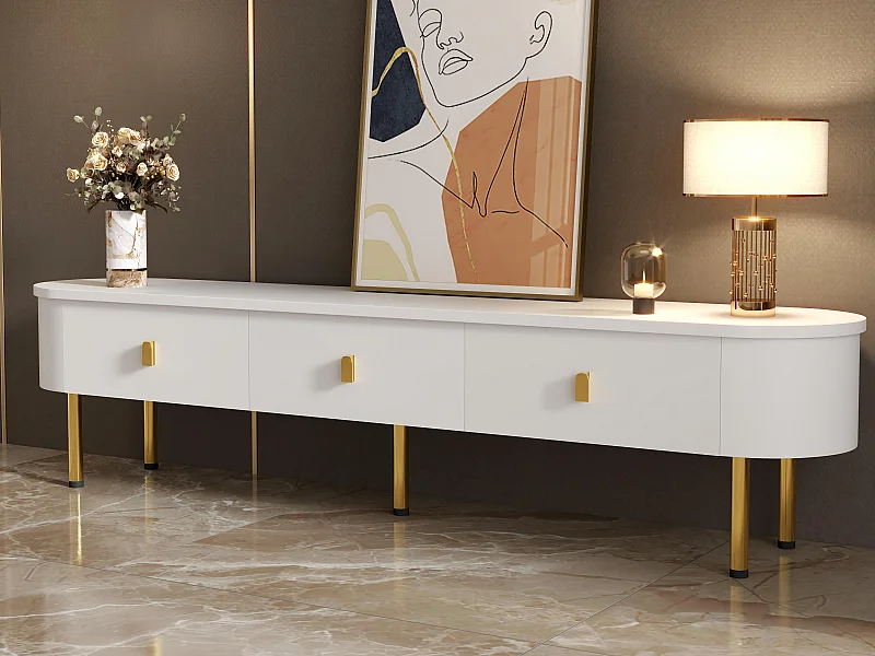 Meuble TV moderne - 3 tiroirs avec poignées et pieds dorés - Blanc