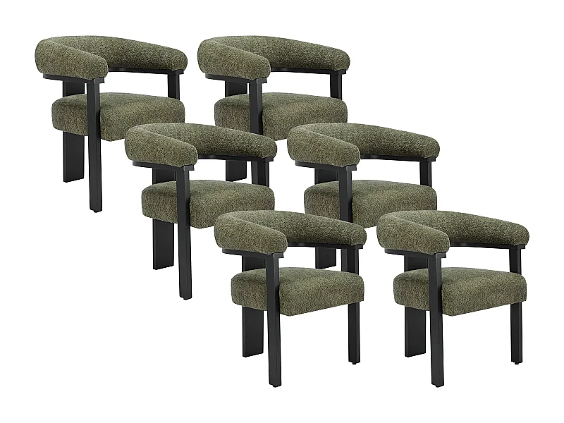 Lot de 6 chaises avec accoudoirs en tissu bouclette et bois d'hévéa noir - Kaki - LIVELIA de Pascal MORABITO