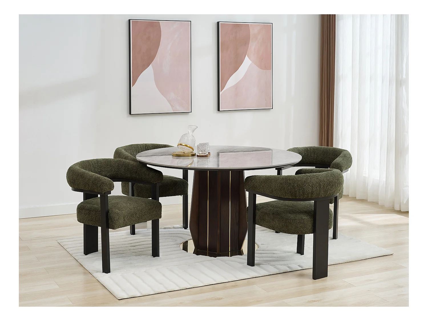 Lot de 6 chaises avec accoudoirs en tissu bouclette et bois d'hévéa noir - Kaki - LIVELIA de Pascal MORABITO
