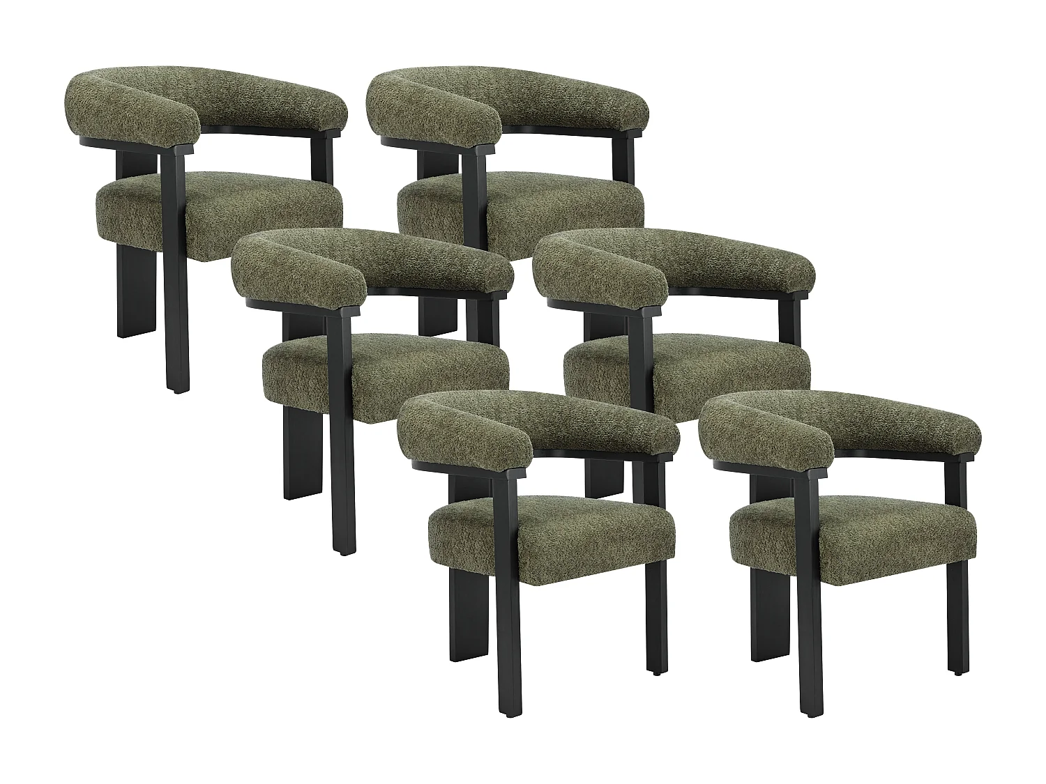 Lot de 6 chaises avec accoudoirs en tissu bouclette et bois d'hévéa noir - Kaki - LIVELIA de Pascal MORABITO