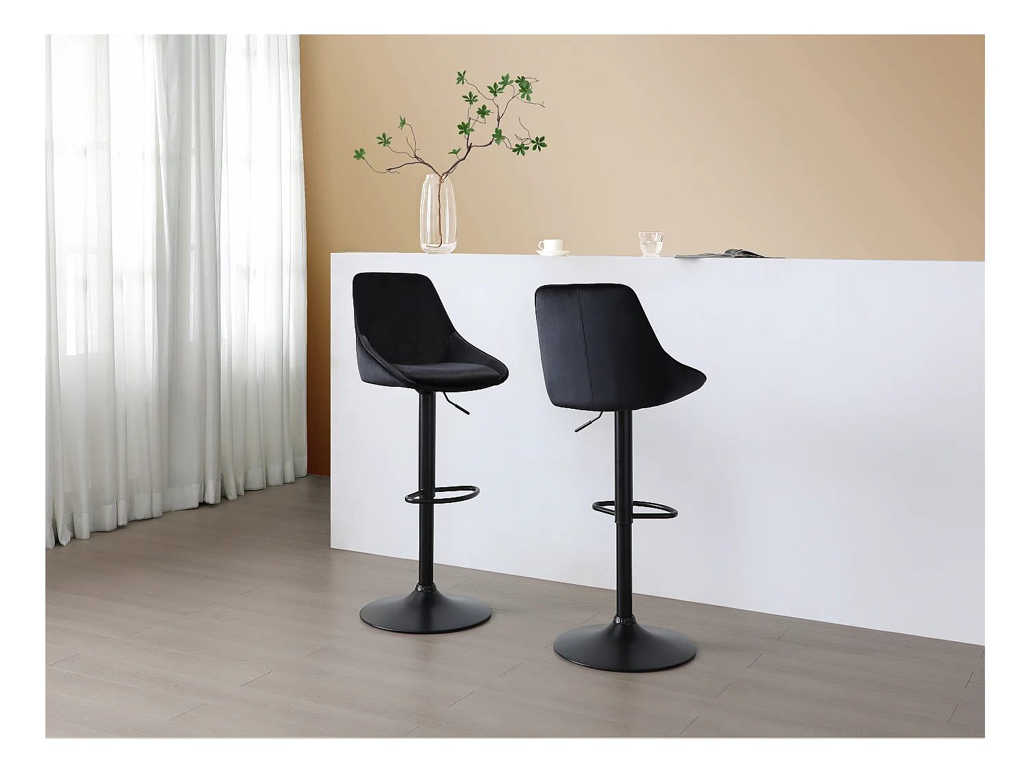Lot de 2 tabourets de bar en velours et métal - Hauteur réglable - Noir - MASURIE