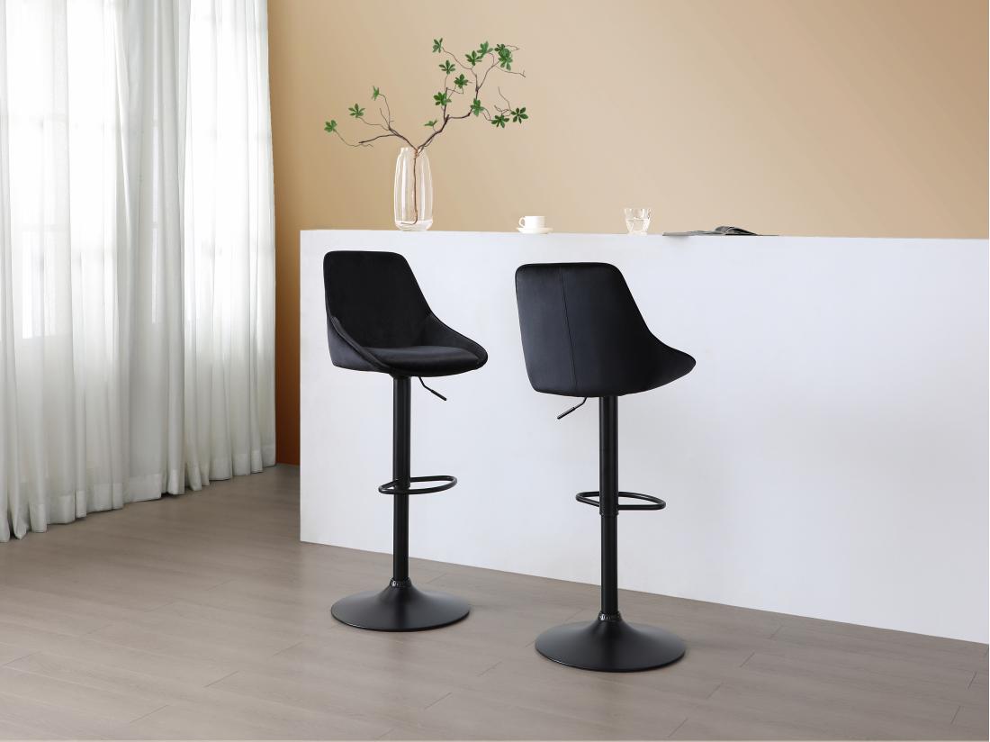 vente unique Lot de 2 tabourets de bar en velours et métal - Hauteur réglable - Noir - MASURIE