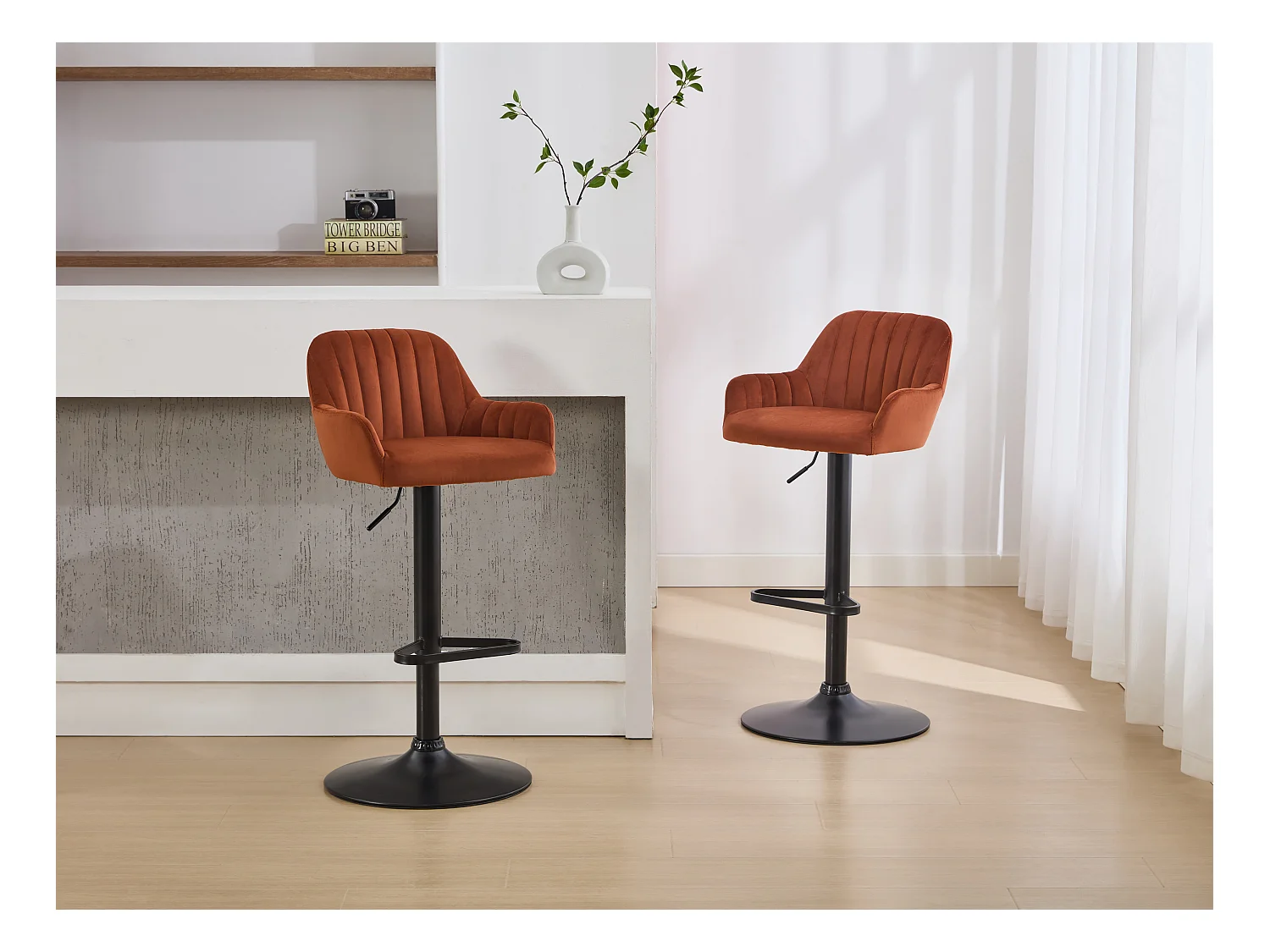 Lot de 2 tabourets de bar en velours et métal noir - Hauteur réglable - Terracotta - ELEANA