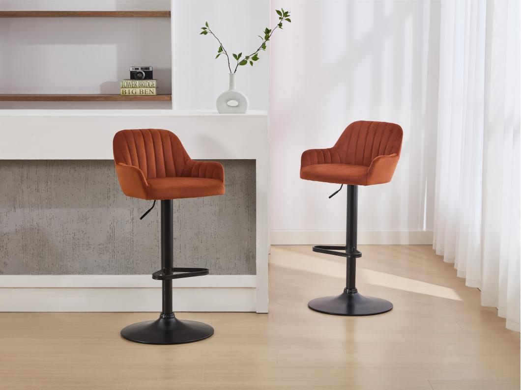 Set van 2 barkrukken van velours en zwart metaal - Verstelbare hoogte - Terracotta - ELEANA