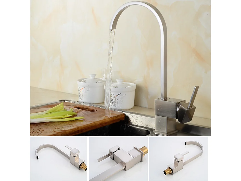 Robinet de cuisne en laiton Mitigeur d’évier cuisine brossé nickel Rotation à 360° facile