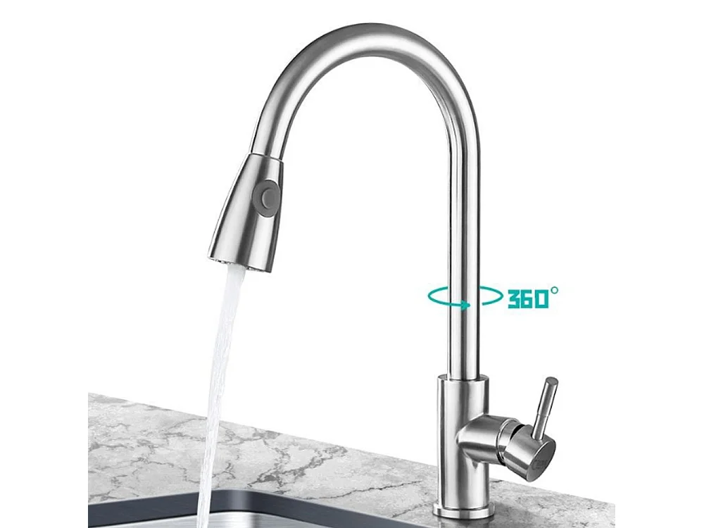 Robinet de cuisine Mitigeur Robinet d'évier rotation à 360 degrés Avec spray démontable Laiton Nickel brossé