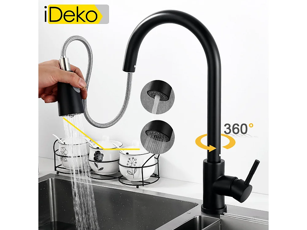 Robinet de cuisine 2 jets de douchette étirab multi fonction famille standard Noir moderne