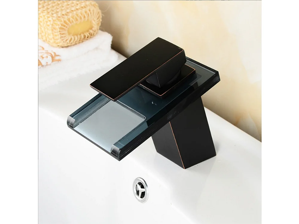 Robinet Mitigeur lavabo cascade salle de bain en céramique en verre Noir SANS LED & Flexible