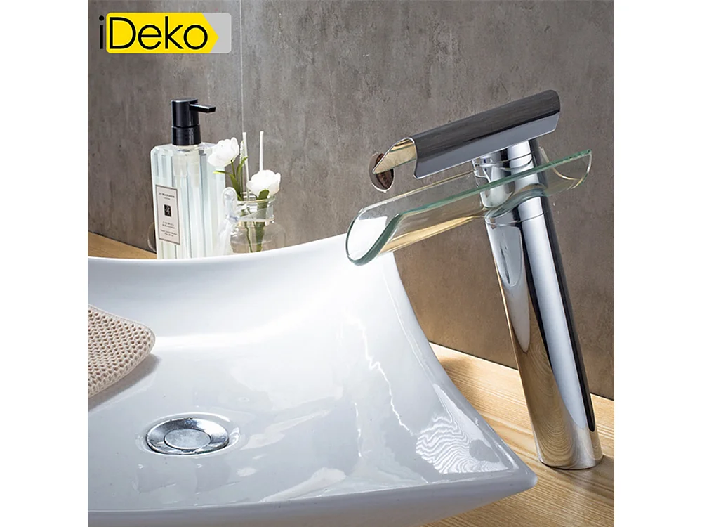 Robinet de salle de bain Mitigeur lavabo cascade haut de bec en verre