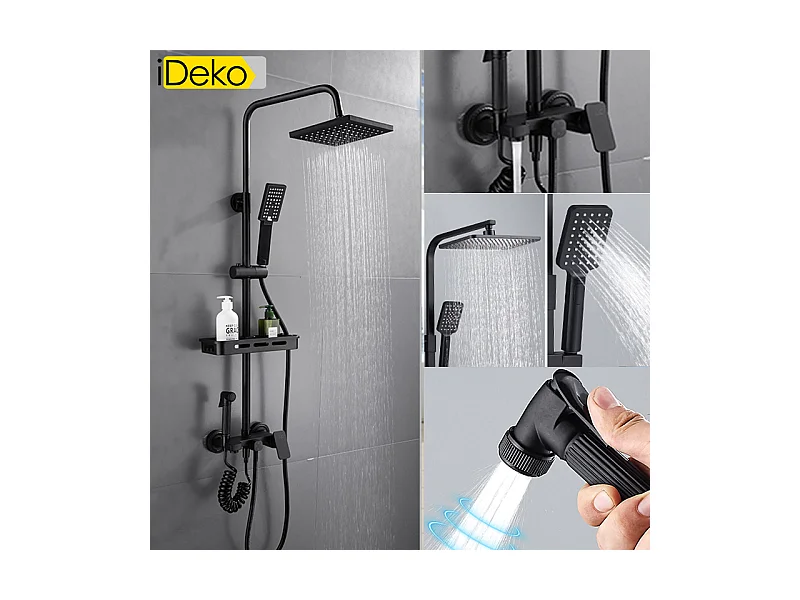 Colonne de douche Robinet de salle de bain mural avec pommeau de douche bidet en laiton céramique Noir