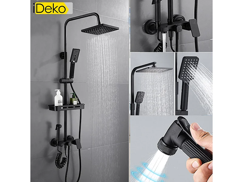 Colonne de douche Robinet de salle de bain mural avec pommeau de douche bidet en laiton céramique Noir