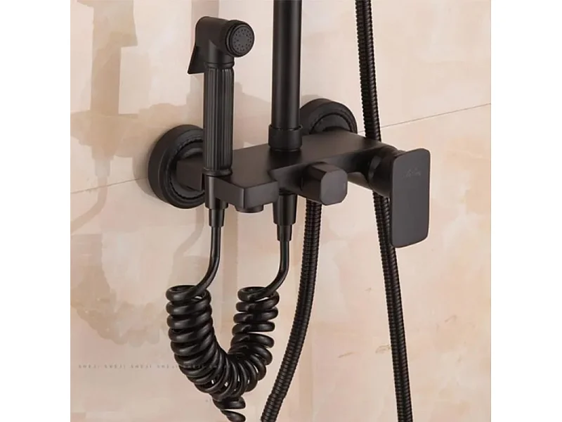 Colonne de douche Robinet de salle de bain mural avec pommeau de douche bidet en laiton céramique Noir
