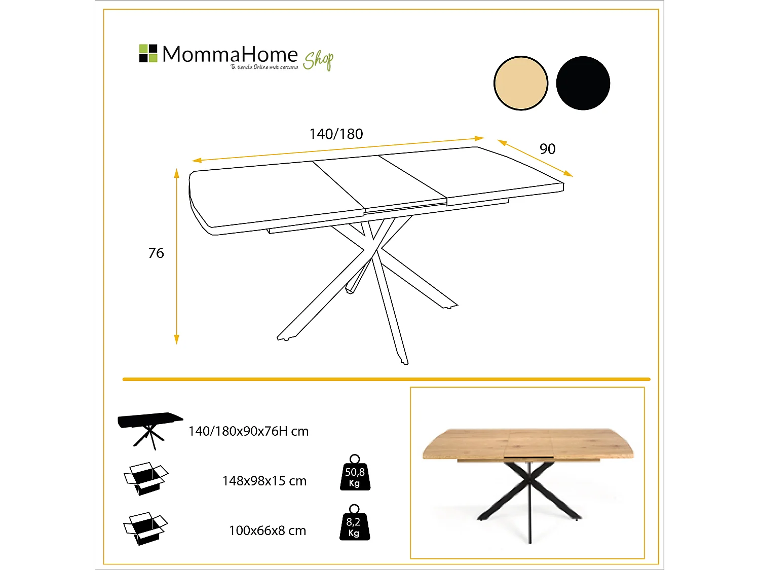 Mesa comedor Roble extensible sincronizada Modelo DAKOTA 140/180 x 90 x 76 cm Patas Metal