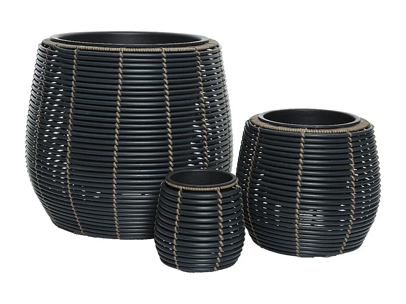 Lot de 3 cache-pots en polyrotin anthracite rond - Jardideco