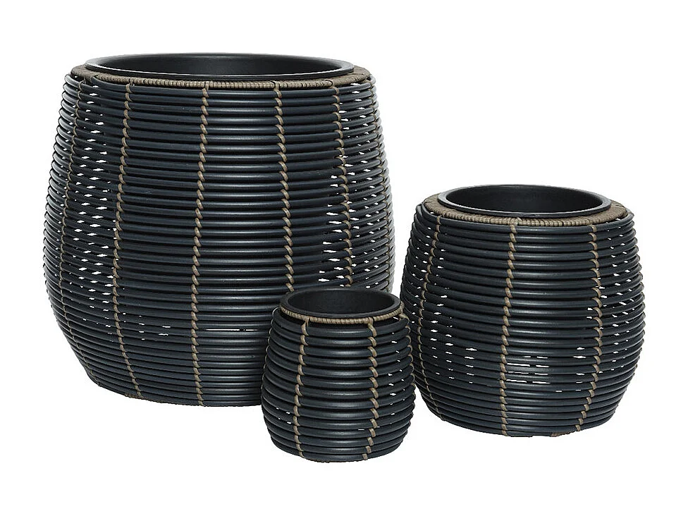 Lot de 3 cache-pots en polyrotin anthracite rond - Jardideco