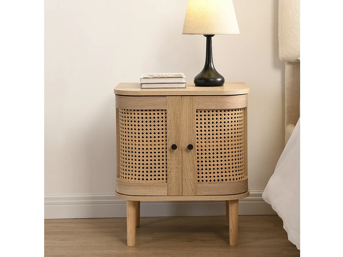 Table de chevet 2 portes couleur chêne et cannage 40 cm - Bali