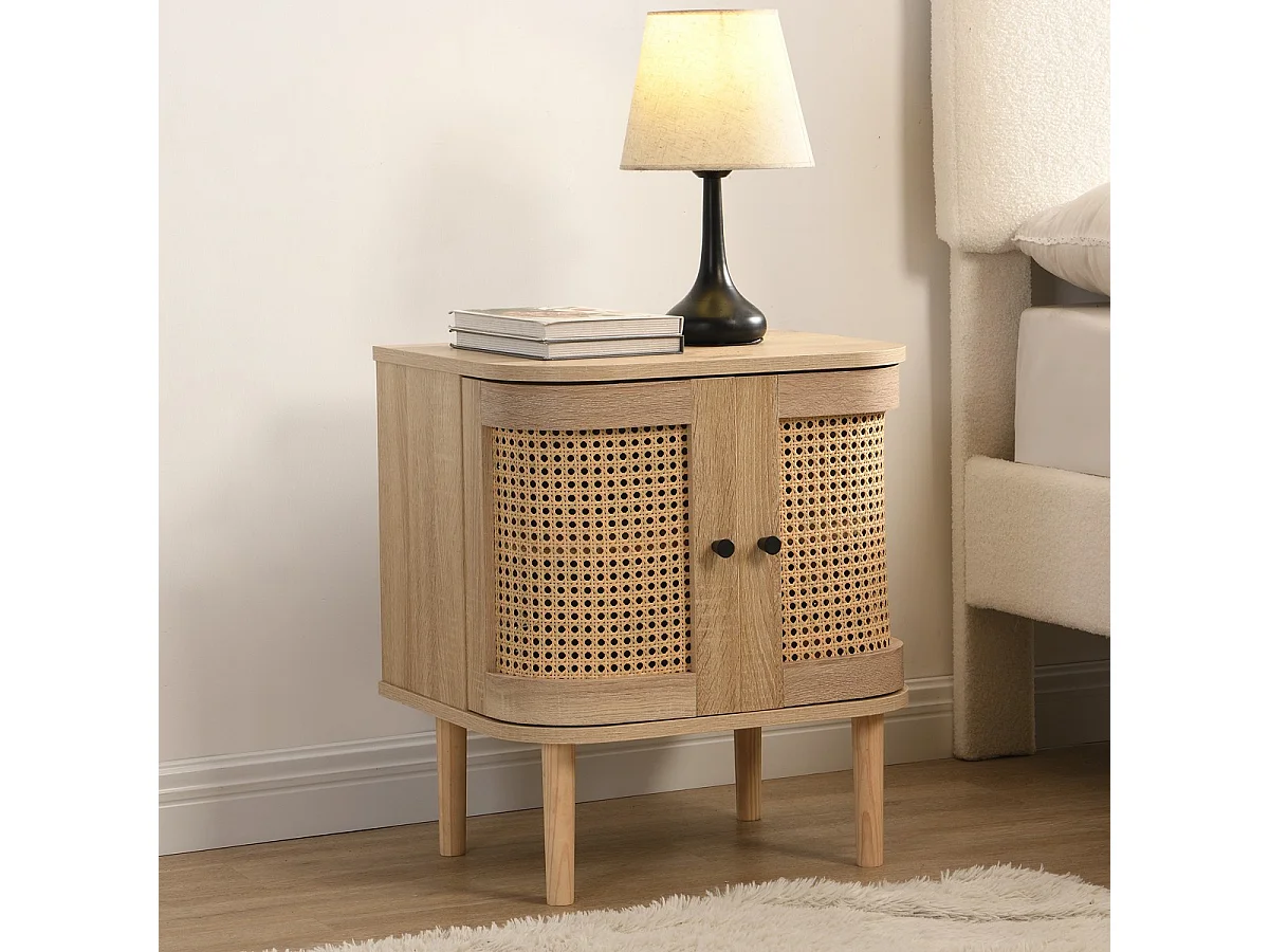 Table de chevet 2 portes couleur chêne et cannage 40 cm - Bali