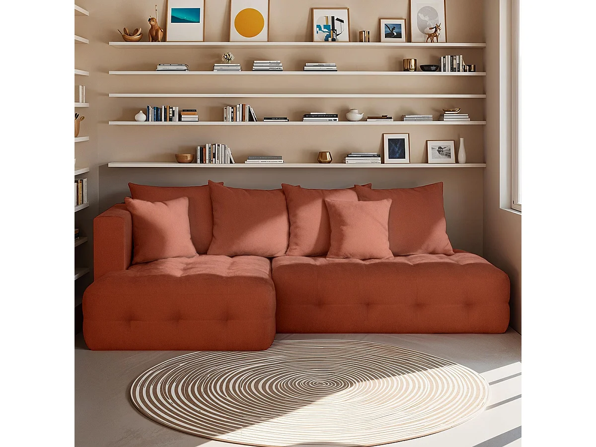 Canapé d'angle ouvert à gauche convertible 3 places avec coffre de rangement en tissu chenille terracotta - Léo
