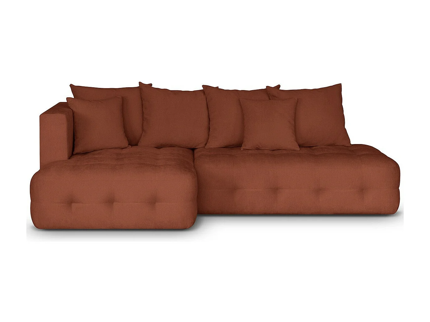 Canapé d'angle ouvert à gauche convertible 3 places avec coffre de rangement en tissu chenille terracotta - Léo