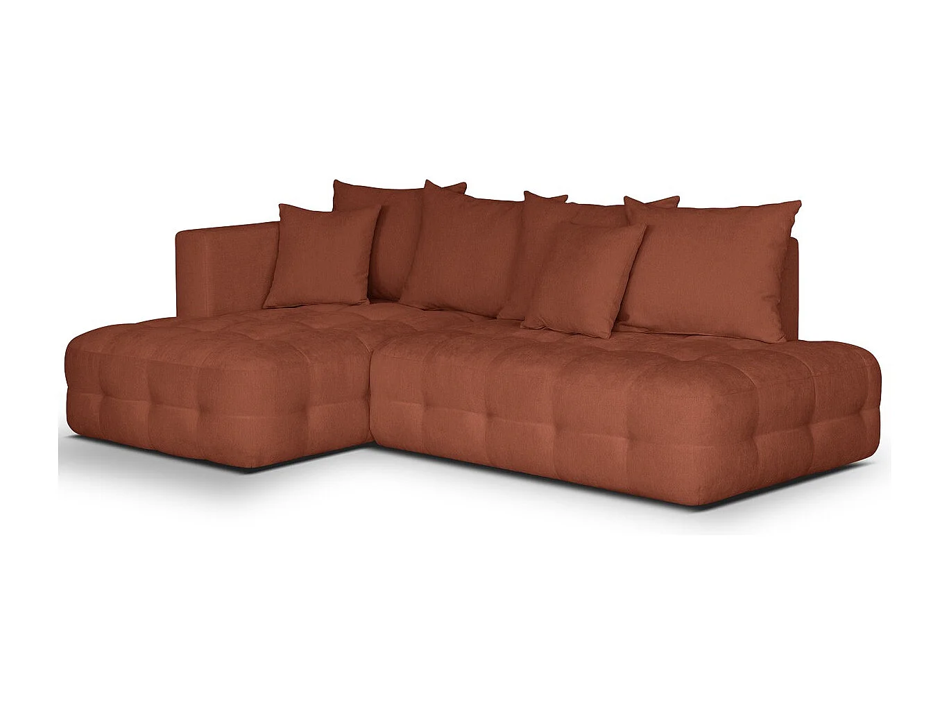 Canapé d'angle ouvert à gauche convertible 3 places avec coffre de rangement en tissu chenille terracotta - Léo
