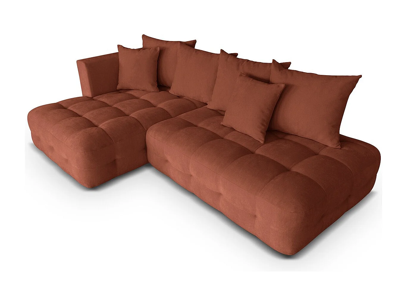 Canapé d'angle ouvert à gauche convertible 3 places avec coffre de rangement en tissu chenille terracotta - Léo