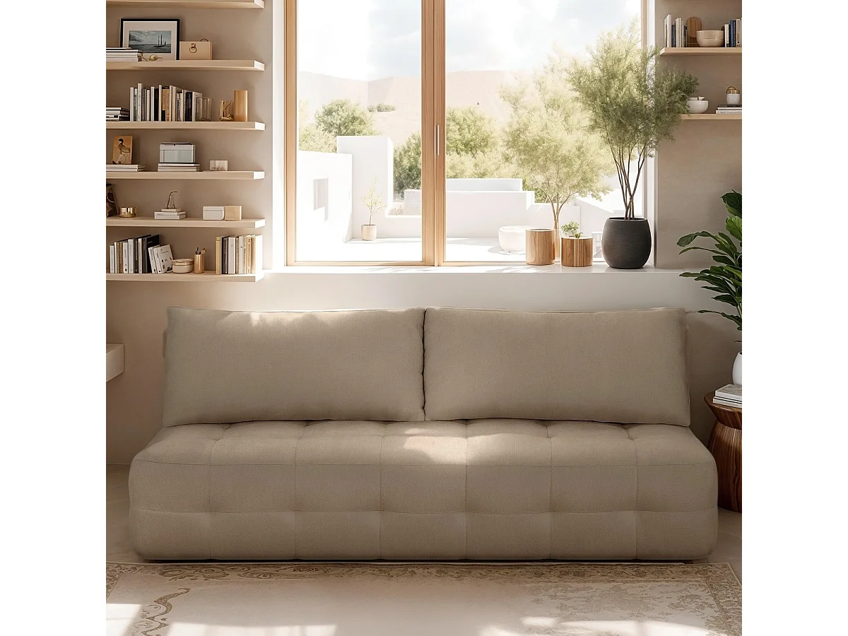 Canapé convertible 3 places avec coffre de rangement en tissu chenille taupe - Léo